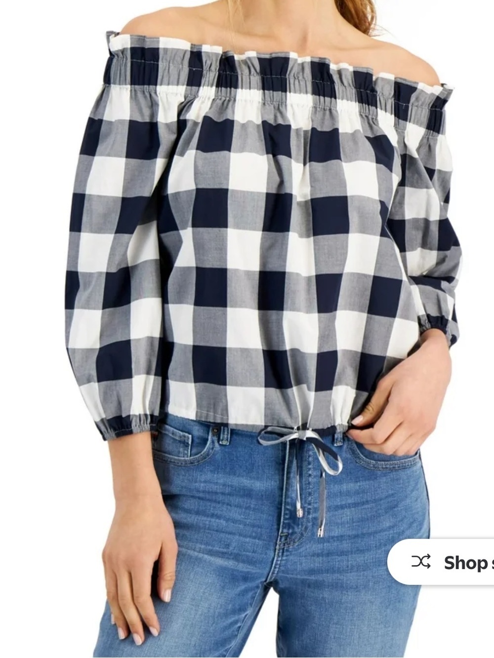 Tommy Hilfiger Gingham Off Shoulder Peasant Top Cottagecore Small